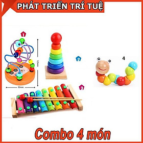 Combo Đồ Chơi Gỗ Giá Rẻ 4 món Luồn Hạt - Con Sâu Gỗ - Đàn Gỗ 8 Thanh