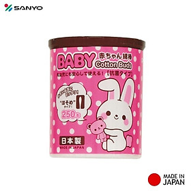 Hộp tăm bông kháng khuẩn Sanyo ( 250 que ) 100% Bông gòn tự nhiên - made in Japan