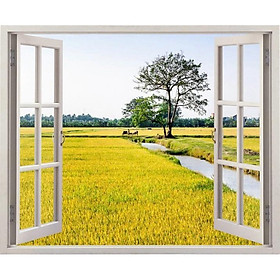 Tranh dán tường cửa sổ 3D cảnh đồng lúa vàng 0088