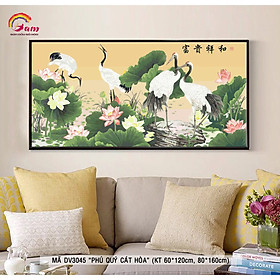Mua Tranh sơn dầu số hóa tự tô màu khổ lớn hạc trắng và hoa sen - Mã DV3045 Phú Quý Cát Hòa may mắn cát tường