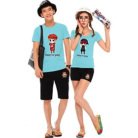 Bộ Áo Thun Đôi Nam Nữ Happy Forever Màu Xanh Thiên Thanh