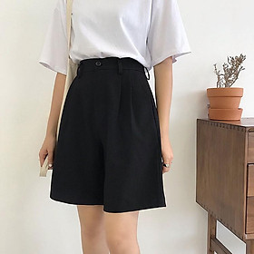   Quần short ống rộng CRQ023 Unisex Nam - Nữ cạp cao lưng thun màu đen D50