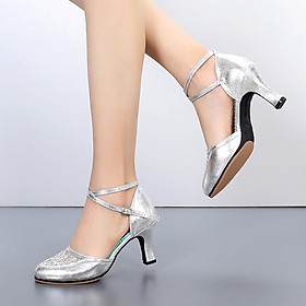Phụ nữ Ballroom Giày khiêu vũ Latin Ladies Satin Đóng ngón chân Salsa Tango Waltz Giày khiêu vũ Phụ nữ Bling 5,5 cm 34-42 Color: Silver Shoe Size: 39