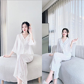 Bộ mặc nhà nữ tay lỡ loe,quần dài lụa xước in bi nhũ bạc 45-58kg