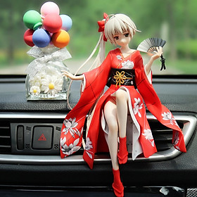 Mô hình tượng Cô gái Nhật Bản mặc kimono đỏ cầm quạt.