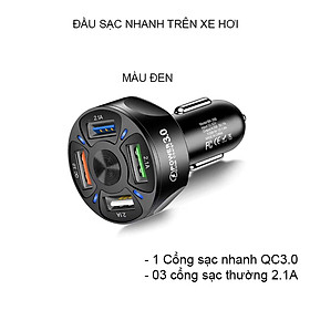 Đầu sạc nhanh xe ô tô QC3.0-BK358 có 04 cổng USB, điện áp vào 12-24V