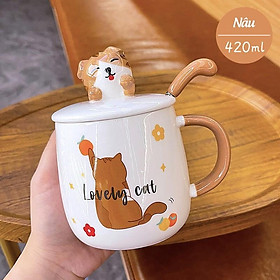 Ly Cốc Sứ Mèo 3D Cao Cấp Dễ Thương Uống Cafe Làm Quà Tặng Có Nắp Sứ Và Thìa 420ml