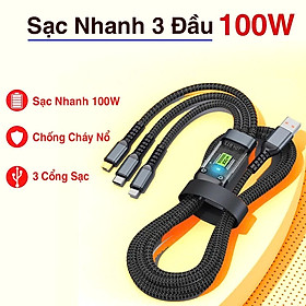 Dây cáp sạc nhanh 3 đầu ip typeC micro dây dù sạc 3 thiết bị cùng lúc Dây Sạc Tự Ngắt 100W Tích Hợp Usb 3 In 1 - Hàng Nhập Khẩu 
