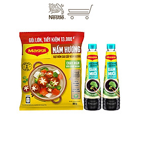 COMBO MAGGI THANH DỊU: 2 chai Nước tương MAGGI Đậu nành Giảm muối  + 1 bịch Hạt nêm cao cấp MAGGI Nấm Hương