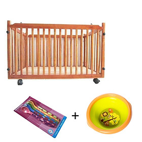 COMBO Cụi Gỗ Có Bánh Xe, Thiết Kế An Toàn Trẻ Nhỏ ( 100x60x60cm ) + 5 Muỗng Ăn Dặm - TẶNG 1 CHÉN ĂN CHỐNG ĐỔ CHO BÉ ( có ảnh thật sp )