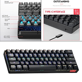 DIK61 Wireless 60% Mechanical Gaming Keyboard, Compact Bluetooth Mechanical Keyboard Blue Switches, 61 Keys, Compatible for Multi-Device Connection