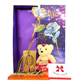Quà Valentine 2021, Quà 8/3 Ý Nghĩa Tặng Vợ, Tặng Bạn Gái - Hoa Hồng Galaxy Phát Sáng Có Đèn Led Đế Chữ Love Kèm Gấu Bông Nhỏ Và Thiệp Chúc Mừng