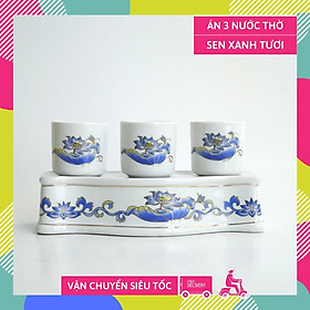 Bộ án ba ly nước thờ cúng sen xanh tươi gốm sứ - Gồm đế và 3 ly nước - 68