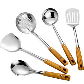 Mua Combo Set 5 Món Xẻng Muôi Múc Cơm Canh Cán Ốp Gỗ Inox 304 Cao Cấp