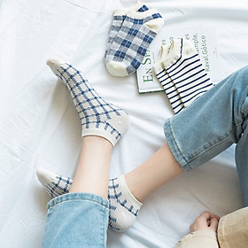 Set 5 Đôi Tất Cotton Cổ Thấp Họa Tiết Caro Trắng Xanh Giản Dị Thời Trang Nam Nữ TN58