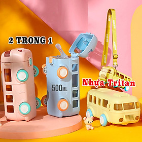 Bình đựng nước nhựa Tritan 500ml kèm dây đeo 2in1 , chai nước hình xe bus gấu cho gia đình Cool cute bus for kid