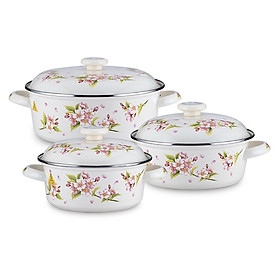 Bộ 03 nồi tráng men FUJIHORRO (18cm, 20cm, 22cm) Hoa văn Sakura SYM-332, Sử dụng bếp từ