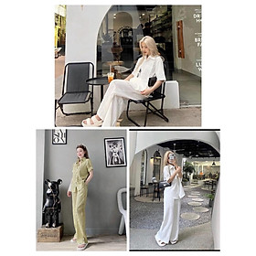 Set Bộ Áo Sơ Mi Kèm Quần Culottes Nữ Ống Rộng Vải Xốp Gân 2 Màu