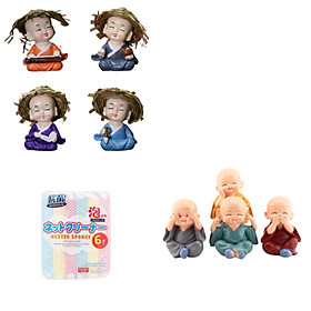 Combo Bộ tượng chú tiểu đội nón Cầm - Kỳ - Thi - Họa - 4 tư thế + Bộ Tượng Tứ Không- Nghe- Nói- Nhìn- Nghĩ- Tặng kèm 1 mút lau chùi Nhật Bản(Màu ngẫu nhiên)
