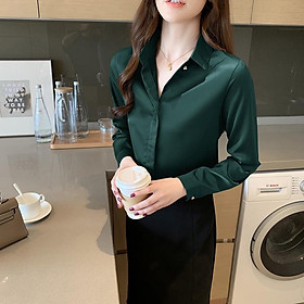 Áo Sơ Mi Nữ Công Sở Màu Xanh Lá Cổ Đức CHIPY Kiểu Hàn Quốc Vintage Ulzzang Form Rộng Dài Tay Đẹp Chất Lụa Cao Cấp A2X