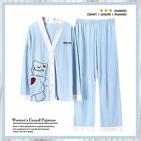 Bộ Ngủ Dài Tay Pyjama Cổ Chữ V 2 Túi Chất Cotton Hàng Đẹp - Bộ Sau Sinh Chất Đẹp