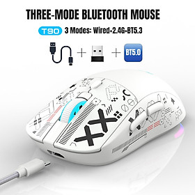 Chuột Led RGB Không Dây chống ồn T90s đa kết nối Bluetooth 5.3 + Usb 2.4 + Cáp 3600Dpi Pin Sạc TypeC hàng nhập khẩu - White