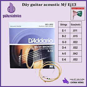 Mua Dây đàn guitar acoustic D addario EJ13 - Dây Mỹ tầm trung cực nhẹ tay - Âm thanh rất hay - Lõi dây thép được bọc hợp kim đồng - Tặng kèm phím gảy khi đặt hàng