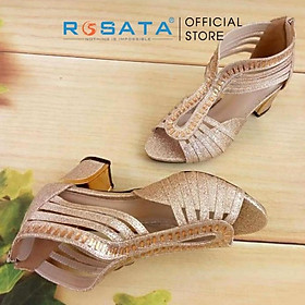 Giày sandal cao gót nữ ROSATA RO172 mũi tròn xỏ ngón phối dây kim tuyến quai kéo gót vuông cao 5cm xuất xứ Việt Nam - Gold