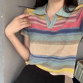 MS664 Áo polo len tăm nữ cổ bẻ phối màu loang kẻ ngang