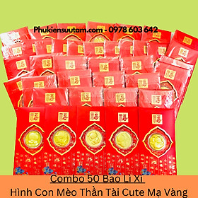 Combo 50 Bao Lì Xì Hình Con Mèo Thần Tài Cute Mạ Vàng, kích thước 17cmx9cm