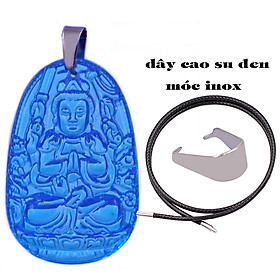 Mặt Phật Thiên thủ thiên nhãn thuỷ tinh xanh biển 3.6 cm kèm móc và vòng cổ dây cao su đen, Mặt Phật bản mệnh
