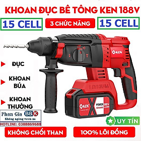 Máy Khoan Bê Tông KEN 188V - PIN 15 CELL 3 Chức năng - Động Cơ Từ Không Chổi Than - Máy Khoan Có Búa 100% Dây Đồng - Bảo Hành 12 Tháng