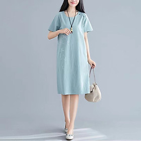 Đầm Linen suông nữ cổ tròn ngắn tay, Váy trung niên nữ dáng dài hoạ tiết hoa xinh trẻ trung cho nữ Đũi Việt