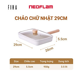 [Hàng chính hãng] Chảo chiên chữ nhật có nắp Neoflam Fika 29cm, thành cao 5,5cm, cán gỗ 17cm, nắp kính. Made in Korea.  Hàng có sẵn giao ngay