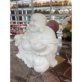 Tượng Phật Di Lặc ngồi cầm thỏi vàng đá cẩm thạch trắng - Dài 30 cm