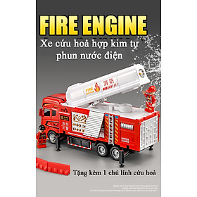 Đồ chơi xe cứu hoả bằng hợp kim tự phun nước điện nâng hạ ống phun kèm 1 chú lính cứu hoả