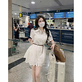 váy sơ mi dáng suông - Váy ren hoa cổ sơ mi kèm đai