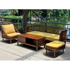 Bộ sofa gỗ nệm Tundo băng dài 2m, ghế đơn, đôn và bàn Scandivian