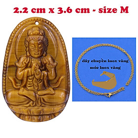 Mặt Phật Đại nhật như lai đá mắt hổ 3.6 cm kèm dây chuyền inox vàng - mặt dây chuyền size M, Mặt Phật bản mệnh