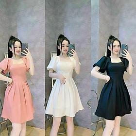 Hình ảnh Đầm Váy nữ Cổ Vuông Tay Bồng Váy Xếp Ly Xòe duyên dáng gợi cảm quyến rũ