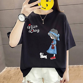 Áo phông tay lỡ, chất liệu thun cotton co giãn, áo unisex in hình cô gái, chữ Nice Day, Áo thun nam nữ form rộng