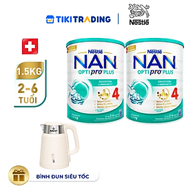 Bộ 2 Lon Sữa bột Nestlé NAN OPTIPRO PLUS 4 1500g/lon với 5HMO giúp tiêu hóa tốt + Tăng cường đề kháng (Bé 2-6 tuổi) - Tặng Ấm đun siêu tốc Kalpen