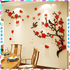 Tranh dán tường mica 3d decor khổ lớn hoa đào trang trí tết phòng khách, phòng ngủ