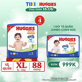 Tã/bỉm quần Huggies Skin Care Mega Jumbo XL84+4 miếng với tràm trà dịu da