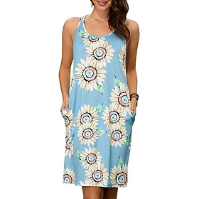 Fashion Women Summer Sunflower Print Dress O Neck Sleeveless Pocket Casual Sundress