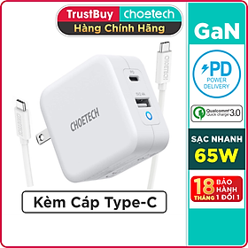 Mua Adapter Củ Sạc Nhanh GaN 65W 1 Cổng USB  1 Cổng Type C CHOETECH PD8002 Kèm Cáp Type C 65W Sạc Cho Macbook  Laptop  Smartphone - Hàng Chính Hãng