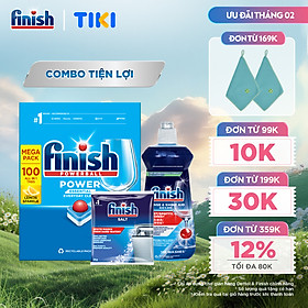 Combo Finish: Hộp 100 Viên Rửa Bát Essential + Nước Làm Bóng Finish 500ml + Muối Rửa Chén Finish Salt túi 1kg