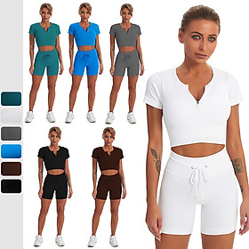 Fullset quần lửng và áo croptop tập gym và yoga. Thiết kế cổ khóa kéo xẻ chữ V tạo điểm nhấn