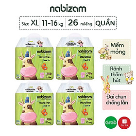 Combo 4 tã/bỉm quần nabizam ultrathin công nghệ thấm hút từ hàn quốc, mỏng nhẹ và chống tràn size xl /từ 12kg/26 miếng