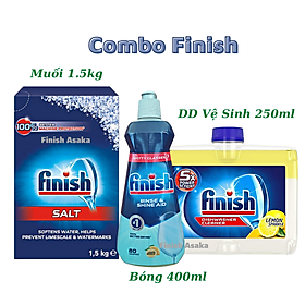 Combo rửa bát Finish: Dung dịch vệ sinh máy rửa bát chai 250ml, Bóng 400ml, Muối hộp 1,5kg - Nhập khẩu Châu Âu.